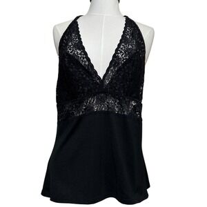 VTG Y2K Black Lace Halter Top V-Neck Backless Stretchy XL Floral Sheer Gothic